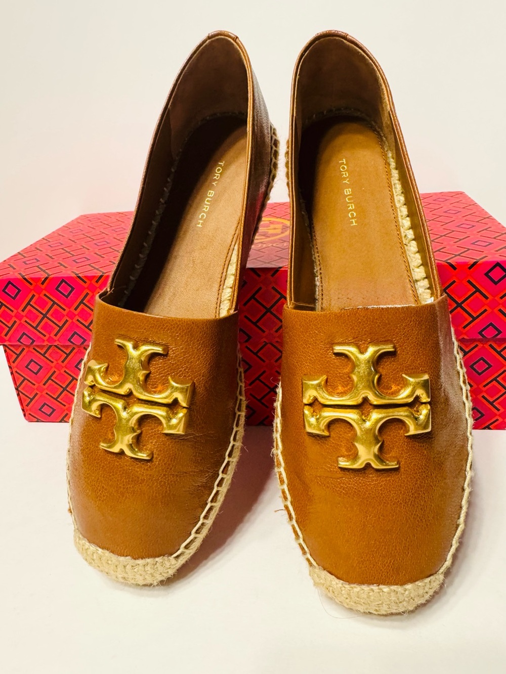 Tory Burch Eleanor Leather Espadrilles Flats Brown Bourbon Gold Logo Size 6.5 - Picture 2 of 6